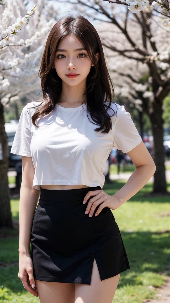 Close-up of a woman in a very short skirt posing for a photo, Japan girls, photo of slim girl model, heonhwa choe, charming poses, Gorgeous young Japan woman, beautiful Japanese lady, 20-year-old female model, skinny waist and thick hips, Tight shirt, Woman Japan man, assist々Kiki,There is a village frame pure、 , Beautiful young Japan woman