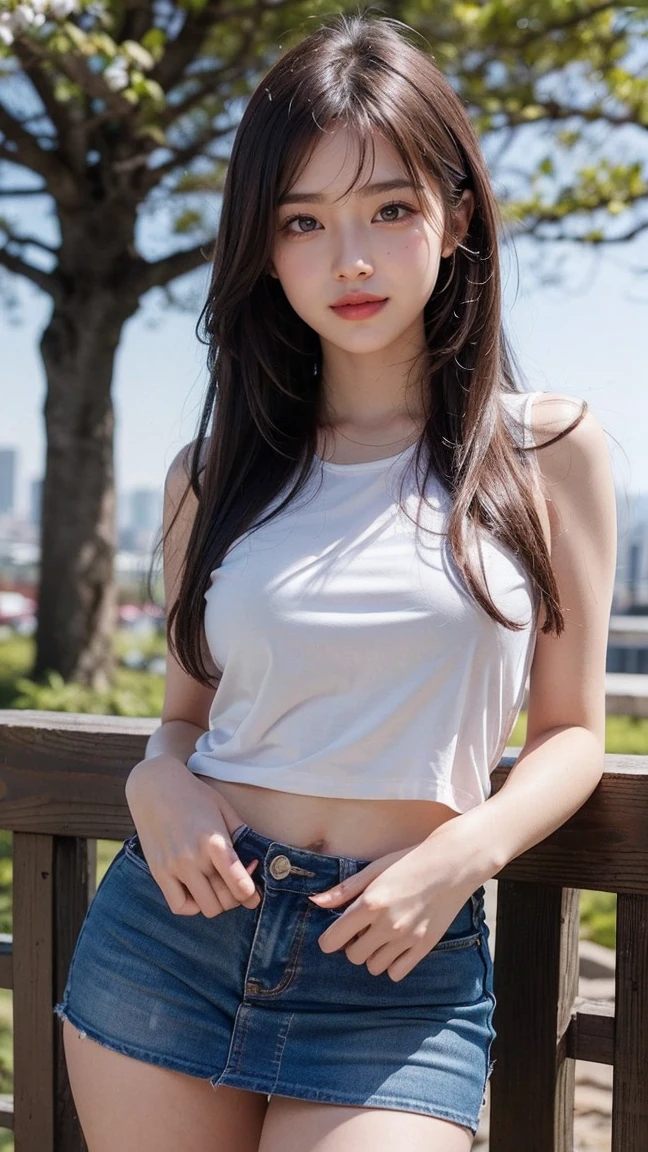 (Best-quality, Masterpiece, Ultra-High-Resolution, (Photorealistic:1.4), Raw Photo, depth of field, professional lighting, perfect anatomy, extremely details), 

((1girl, 15-years-old, the most famous Japanese idol)), 

((extremely cute face like the most popular Japanese idol, ((extremely cute and extremely big black-round-eyes)), extremely beautiful black-long-hair, ((extremely beautiful skins)), extremely cute long-eyelashes, extremely cute lips)), 

(detailed white-sleeveless-shirt, detailed denim-booty-shorts), ((detailed Fancy-brassiere):0.8)
