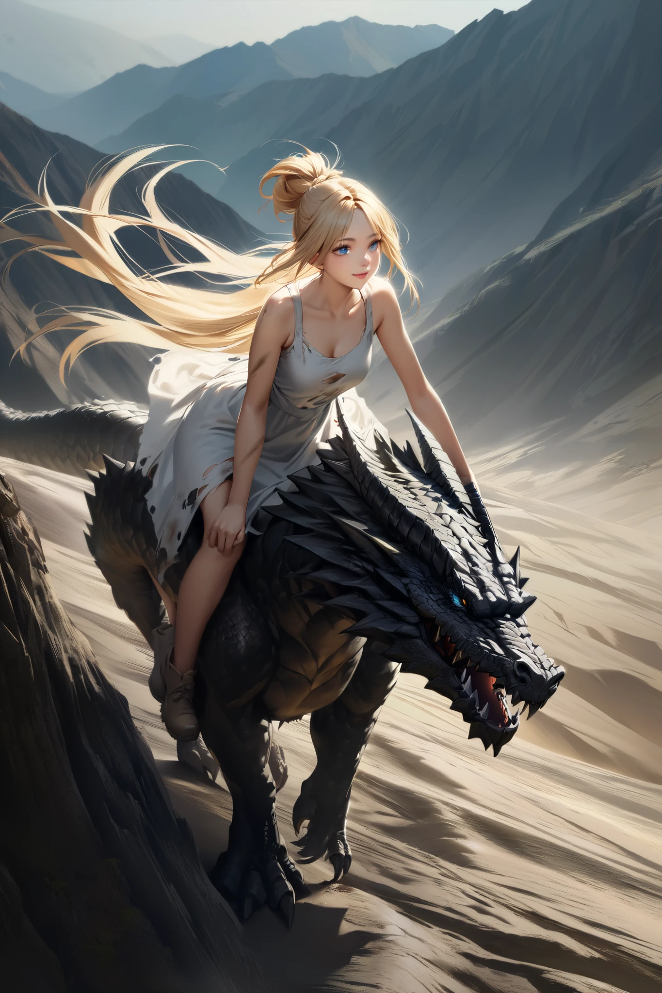 A young woman wearing a dirty, torn white dress with blond hair, long hair up to the ankles, and blue eyes riding on top of a black dragon in a desolate, steep mountainous area。smile。TOP QUALITY。realistic texture、 realistic colors。