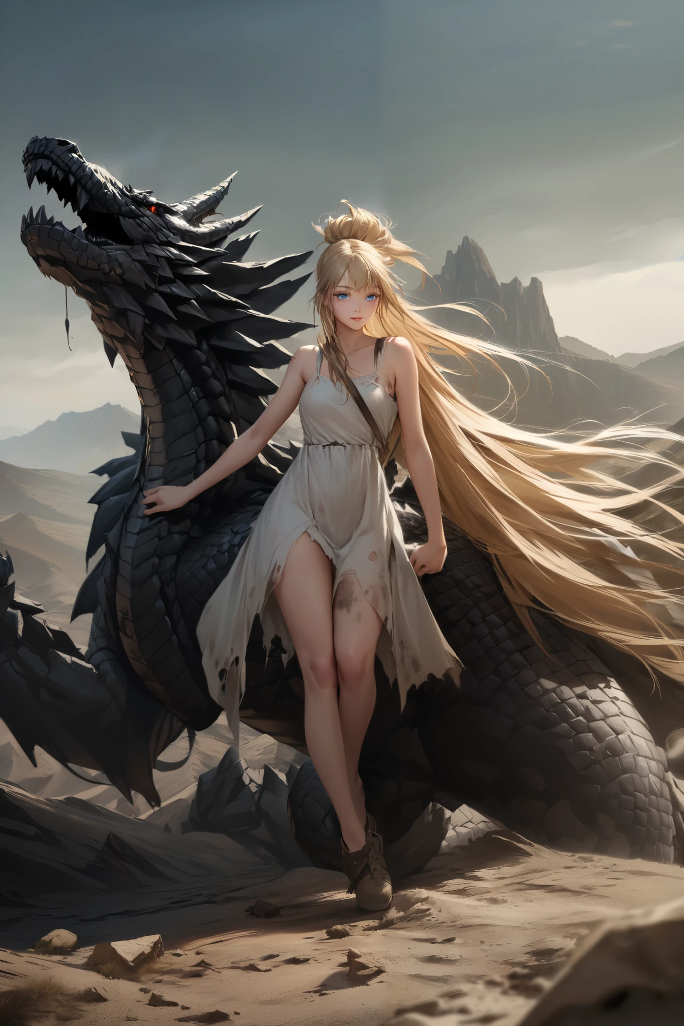A young woman wearing a dirty, torn white dress with blond hair, long hair up to the ankles, and blue eyes riding on top of a black dragon in a desolate, steep mountainous area。smile。TOP QUALITY。realistic texture、 realistic colors。