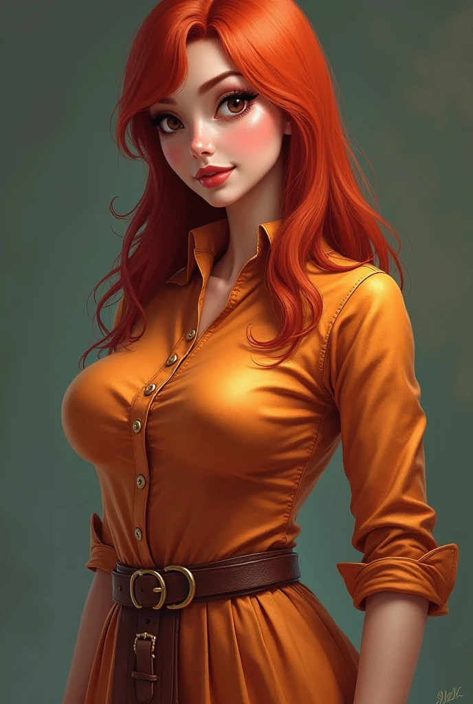 ((Speed Paint) +++ Female portrait, palette knife painting, impressionist style, brushwork technique, large stroke, Open shirt, A stunning illustration, orange White-haired goddess, dressed in 1970s womens fashion, 1970s hair styles, pale skin, nude, a beauty pinup art style, graphic design, flat colours, Orange and Cream color pallet, background 1 flat colour, Stripes and triangles. Portrait Style. Open Shirt, breasts, Orange Pubic Hair, Full nude