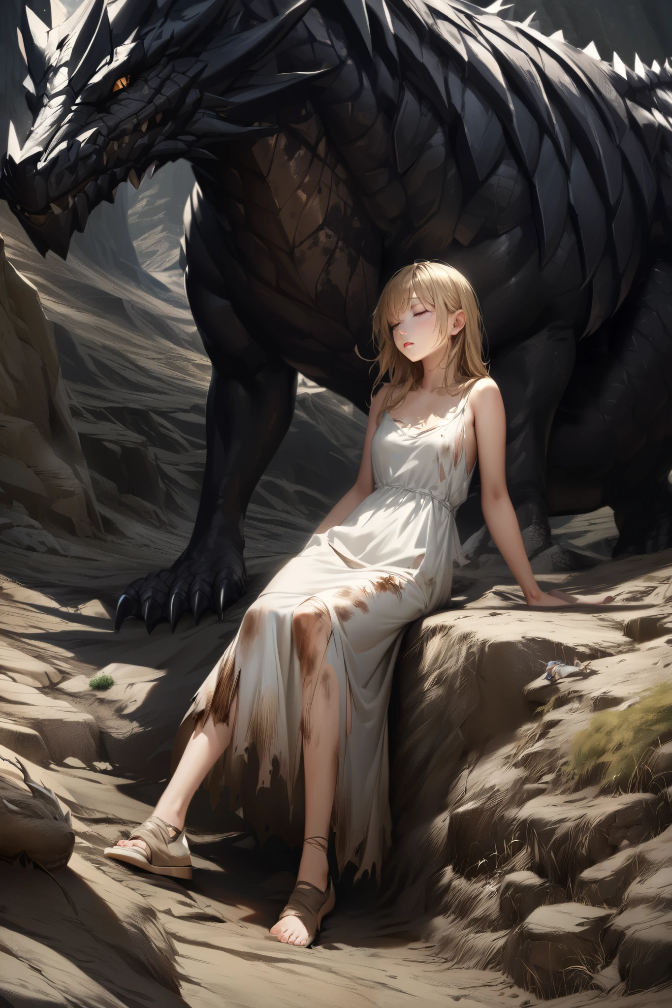 A young woman wearing a dirty, torn white dress with blond hair and long ankle-length blue eyes sleeping in front of a black dragon's face in a desolate, steep mountainous area。TOP QUALITY。realistic texture、 realistic colors。
