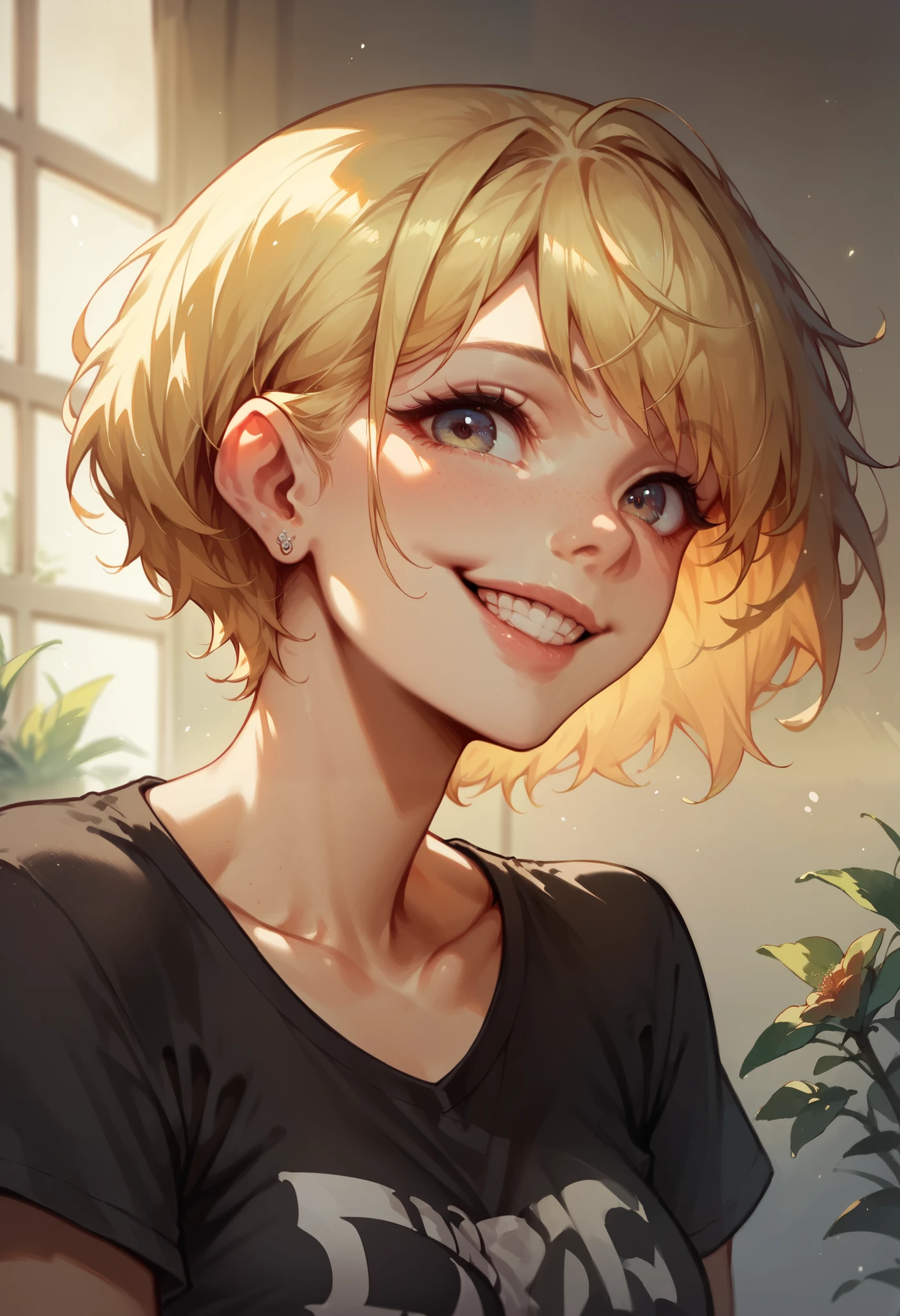 Cute girl Alice short blonde hair black t-shirt upper body short ultra HD quality detail smiling