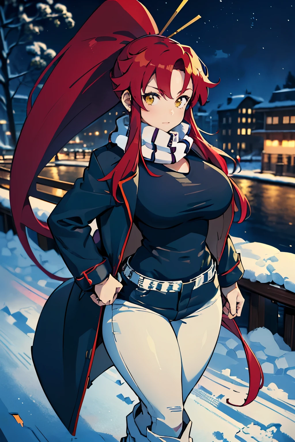 ((yl1,yokoli, 1 girl)), ((Alone)), Yoko Rittner, (masterpiece), (super high quality), (Super detailed), (High saturation ), (Detailed eyes, Eye Light), (curvy build), (Cinema Lighting) (sharp concentration), (anime style), (perfect anatomy, Anatomically Correct), Grown-up face, Curvy Body, ((nighttime)), ((walking on the snow)), ((snowy city park)), ((winter at night in a park)), ((dark background)), Big Breasts:1.5, Shiny Skin :1.4, ((Long Hair, ponytail, Red Hair, Long Hair, Yellow Eyes)), white boots, ((dark blue denim pants)), ((lose dark blue jeans)), ((heavy black winter coat)), perfect anatomy, pleased expression, hands in coat pockets
