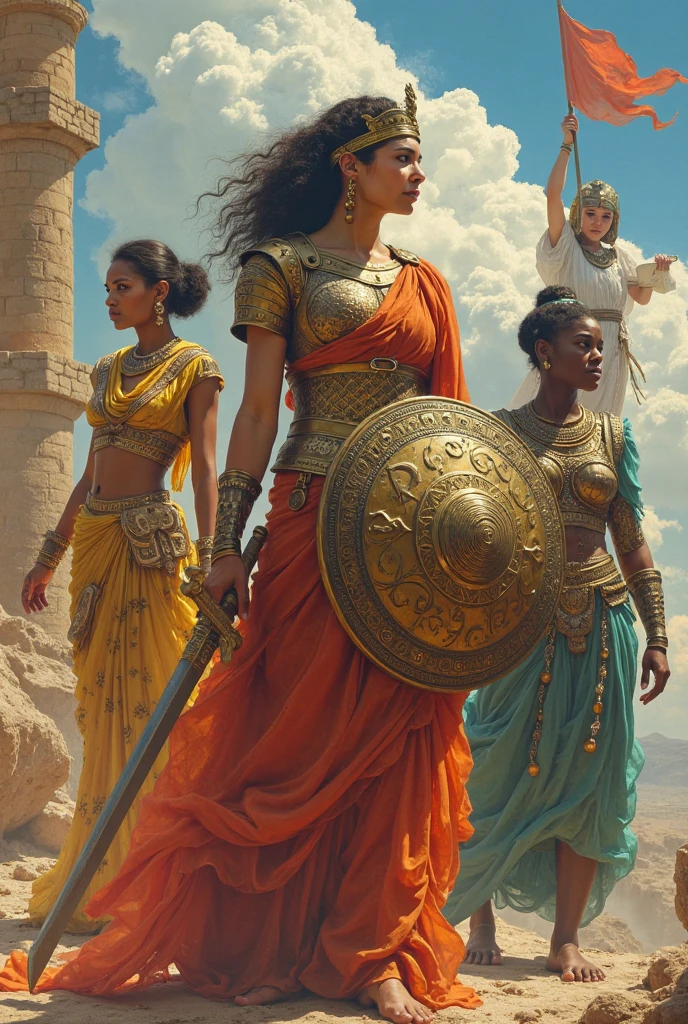 Jaguar Warriors, crossed, amazons, Vikings, wearing golden armor, with the blessing of Quetzalcoatl, fighting together in an epic war against space invaders, Teotihuacan