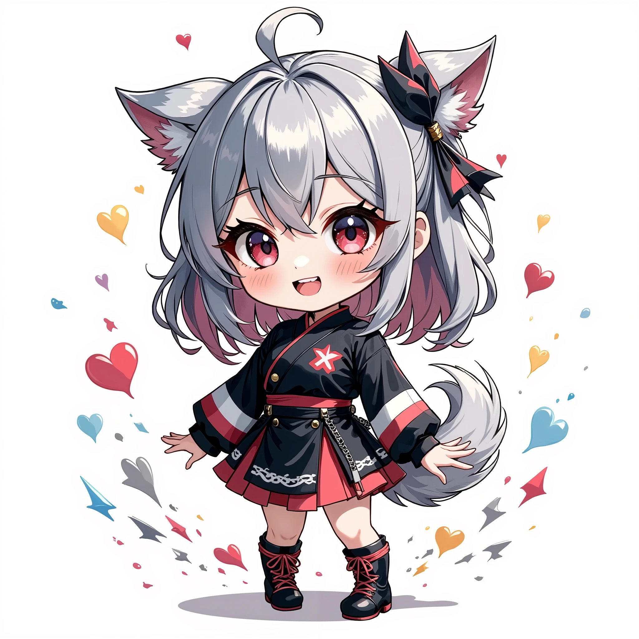 ( chibi:1.4), chibi character, chibi style, toe, (cwhite background:1.4),full body,masterpiece, high quality, 4K, HDR,, A girl with frills, anime style, Ninja、 with a cheerful smile、open your kiss partner's mouth wide、simple background、Japanese style、Small hands、 Silver Hair, natural perm, double teeth、 dog ear