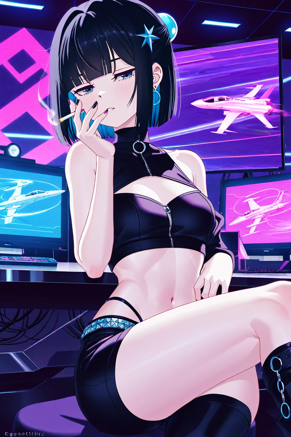 ((8k wallpaper extremely detailed CG unit, masterpiece, High resolution, top quality)), (A very detailed beautiful woman, Perfect face,Black Hair, bob cut,Bangs, Gray eyes, Top of crop, Short sleeve, crop top, Huge breasts), ((The face is rich in detail, Highly detailed dark eyes, Extra detailed body, Top quality real texture skin)), (A black-haired one, Messy hair, White skin), (Interior Architecture, glowing neon lights, Record store), (High Angle:1.2, Fisheye:1.3), Surrealism, number,