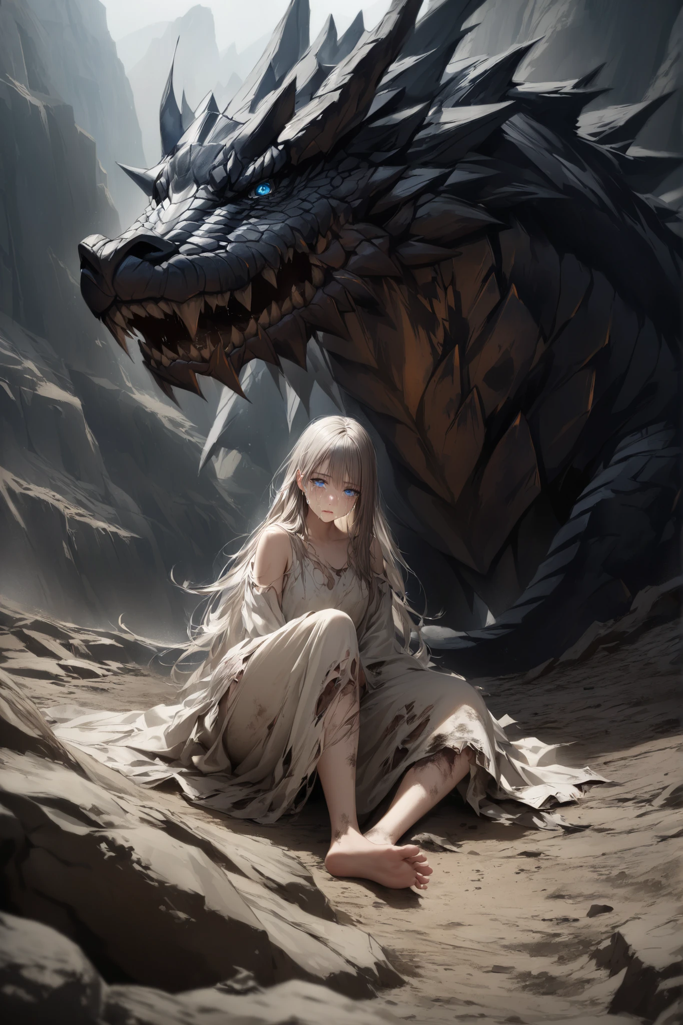 A young woman wearing a dirty, torn white dress with long, blue eyes, and long, ankle-length hair sitting in front of a black dragon's face in a desolate, steep mountainous area、 crying face。TOP QUALITY。realistic texture、 realistic colors。
