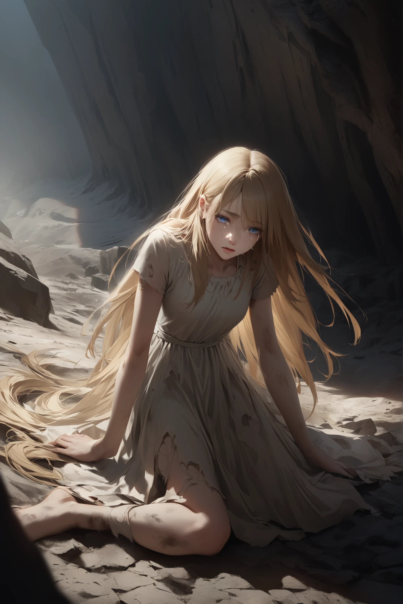 A young woman with blond hair, blue eyes, and long ankle-length hair sitting in a desolate, steep mountainous area wearing a dirty, torn white dress、 crying face。Meet the black dragon。TOP QUALITY。realistic texture、 realistic colors。