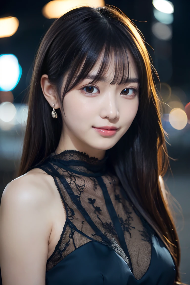 (((masterpiece, highest quality, Super detailed))), 1 female, (((very thin body))) , (((length, thin legs))), (((black hair, thick and fluffy bangs ))), (((highly detailed face))), cosmetics free, small and thin nose, small thin mouth, (((Very sharp focused eyes))), Japanese, beautiful face, (lifelike face), beautiful hairstyle, realistic eyes, fine and beautiful eyes, (real looking skin), beautiful skin, charm, ultra high resolution, surreal, high detail, golden ratio, (detail makeup:1.2), Simple Camisole Dresses,shot from below,(((night background))),weeping cherry blossoms