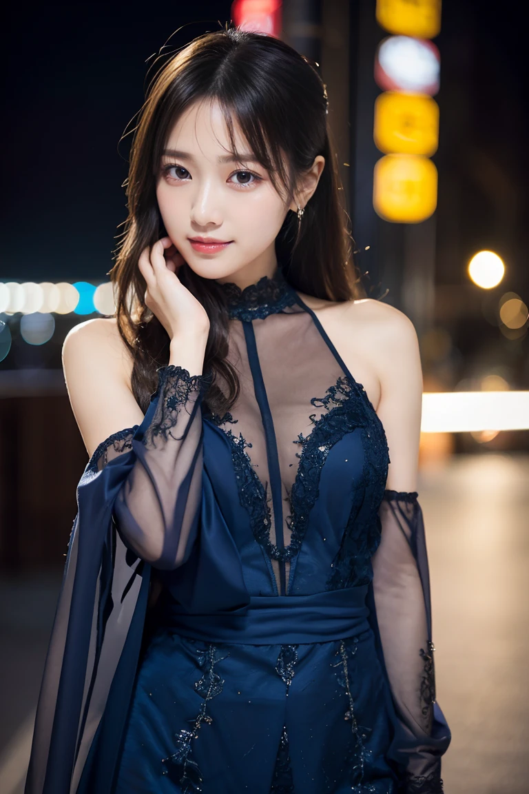 highest quality、High resolution、Super detailed、masterpiece、(Live shooting:1.5)、genuine:1.5、photogenuineistic:1.5、very delicate and beautiful、small details、1 female、Early 20s、(super beautiful)、(beautiful face:1.5)、(detailed face:1.5)、fine eyes、detailed lips、detailed nose、The blue night lasts until the end of the road、The sad night put me next to you、City lights are comets fluttering in the distance、I saw the wind on the other side of the pier、White sigh disappears into darkness、The freezing night carries me next to you、Stay by my side without saying anything