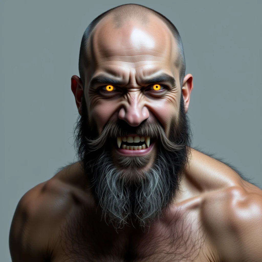 The image is a high-resolution photograph of a middle-aged male Vampire/werewolf hybrid with yellow glowing eyes and big fangs in his mouth with a strong, rugged appearance. The subject is bald with a thick, dark grey beard and mustache, and his skin is fair with a slightly weathered look. His eyebrows are bushy, matching the color of his beard. He is shirtless, revealing a muscular chest covered in a dense layer of dark brown hair. The background is a plain, light grey, which contrasts sharply with his skin and hair, making him the focal point of the image. His expression is intense and slightly stern, with a direct gaze into the camera. The lighting is soft but even, highlighting the texture and details of his skin and hair. There are no other objects or people in the image, ensuring that the viewer's attention remains solely on the man. The photograph has a raw, unfiltered quality, emphasizing the natural and authentic look of the subject.
