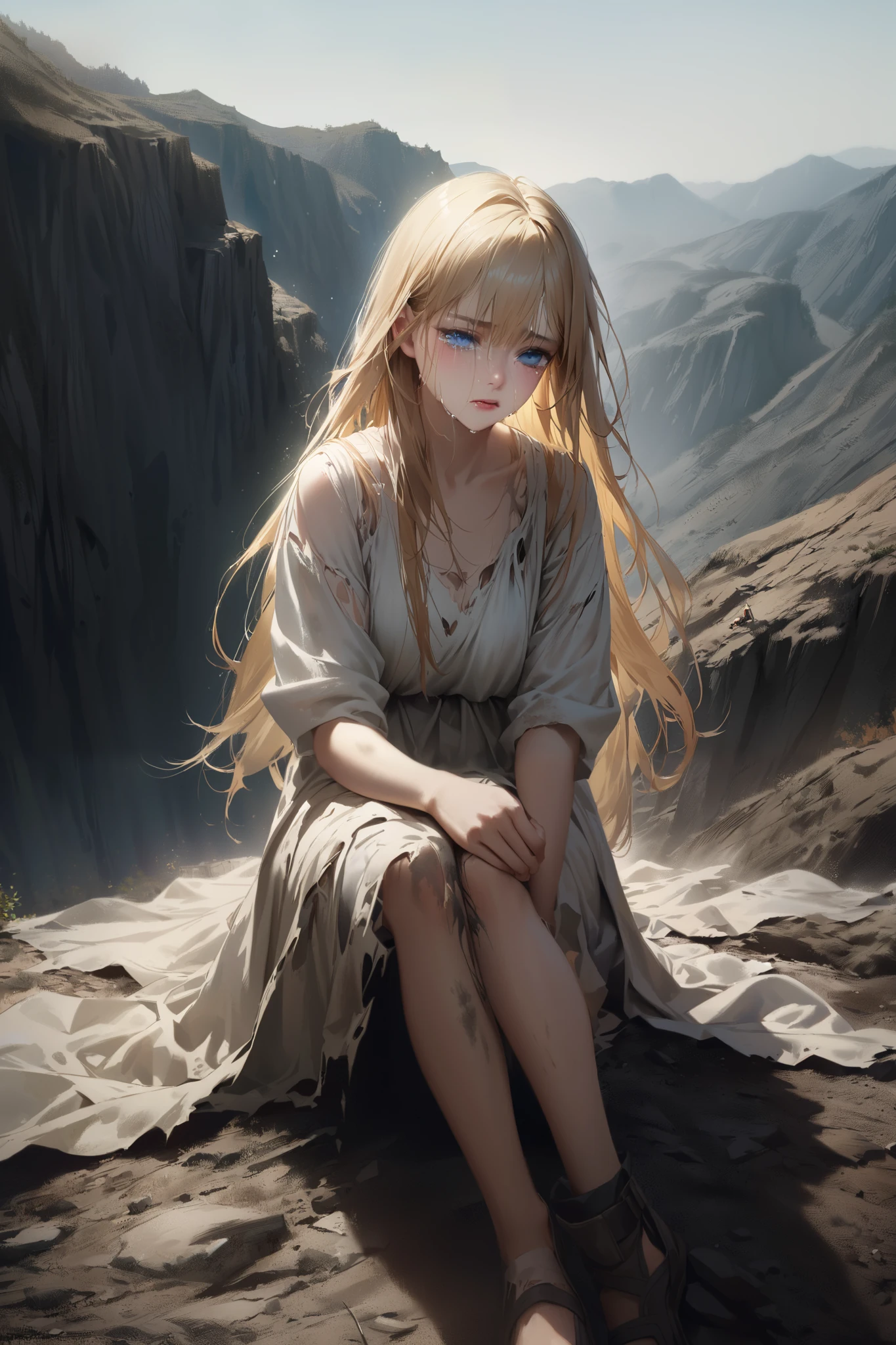 A young woman with blond hair, blue eyes, and long ankle-length hair sitting in a desolate, steep mountainous area wearing a dirty, torn white dress、 crying face。Meet the black dragon。TOP QUALITY。realistic texture、 realistic colors。