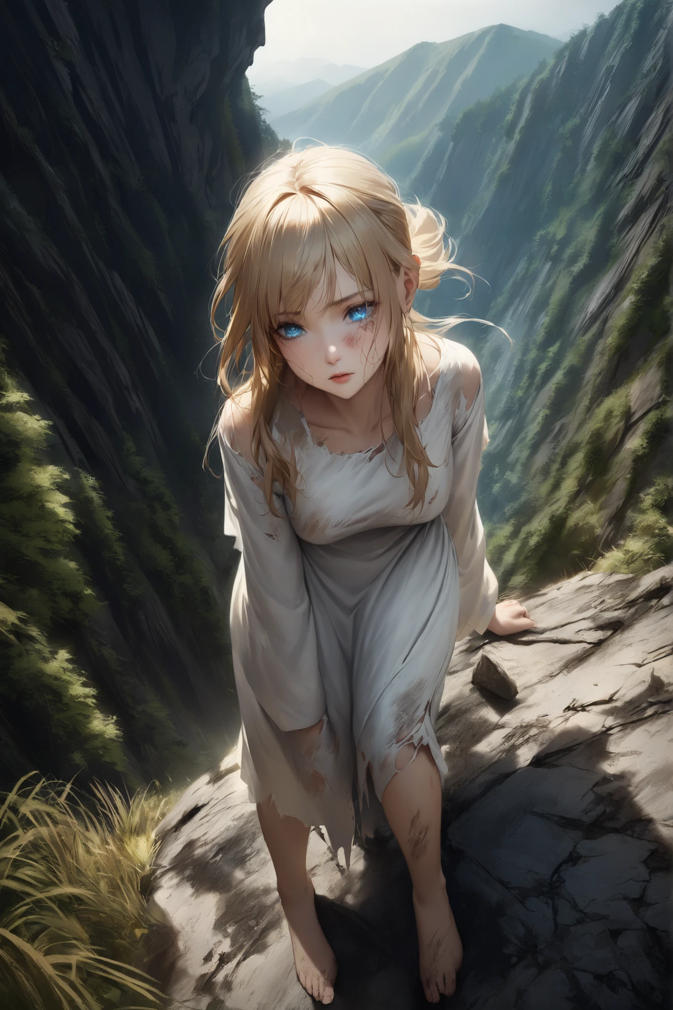 Desolate, steep mountainous area, blond, long hair up to the ankles, blue eyes, young woman wearing a dirty, torn white dress、 crying face。TOP QUALITY。realistic texture、 realistic colors。