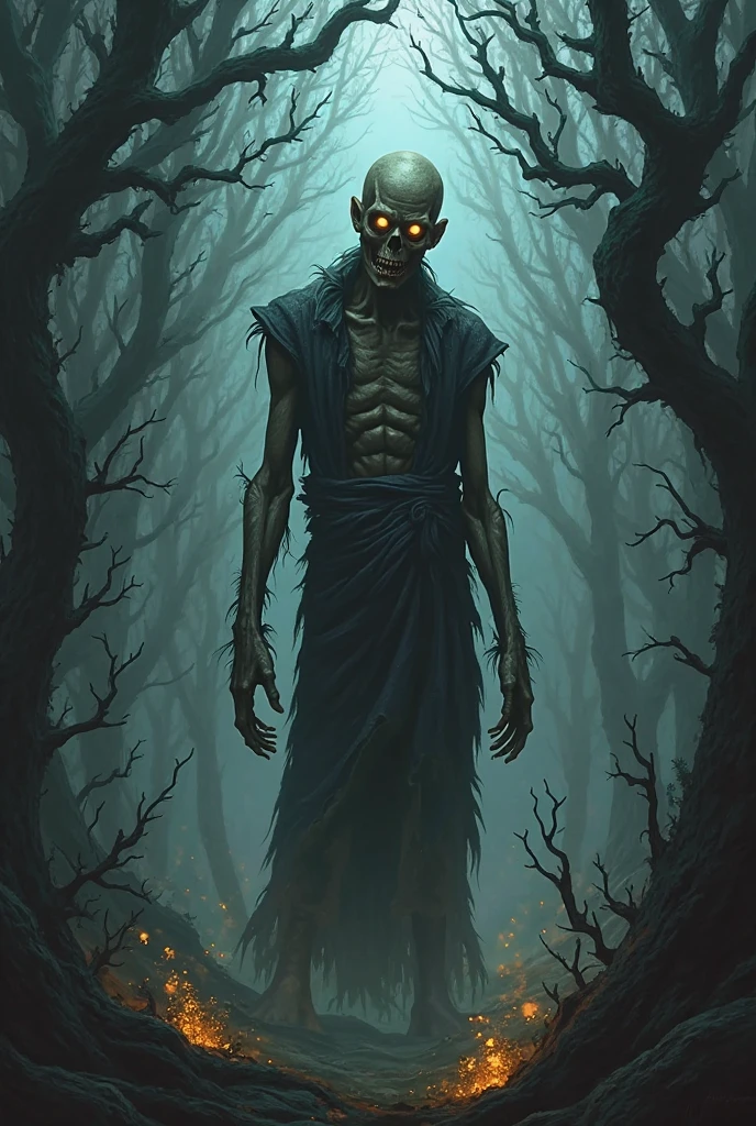 A 25-year-old man, emaciated, only his bones visible. In the middle of a dense forest, add muddy ground conditions, and holding a stick made of tree branches to.