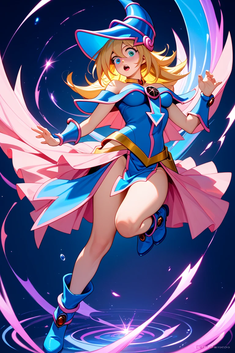 Black Magician Girl、super breasts、thick thighs、blonde hair、magic circle、8K, 4k, highest quality, High resolution: 1.2),winking、Nipples exposed、cute anime face、Pink blush on cheeks、noise removal、Leotard that bites into、have a cane、Hold your cane、Rear view、Turning around、full body portrait、T-back that digs into your butt、Glowing green eyes、Laughter