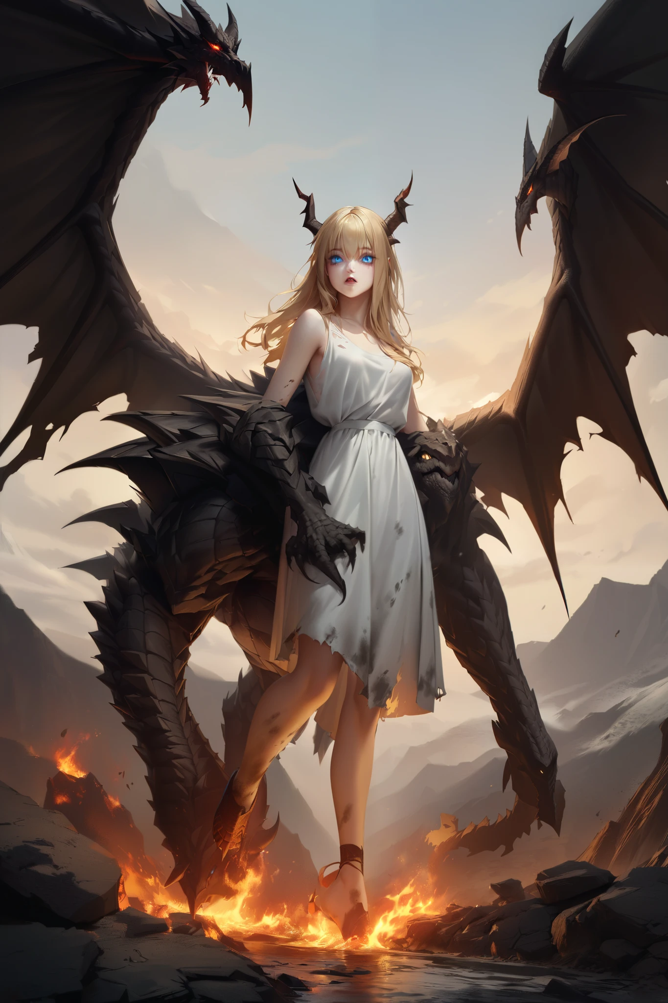 Desolate and steep mountainous area、Black four-legged dragon with big wings and five horns、has flames overflowing from its mouth and glowing white eyes。A young woman with blond hair and long ankle-length blue eyes wearing a dirty, torn white dress。TOP QUALITY。realistic texture、 realistic colors。
