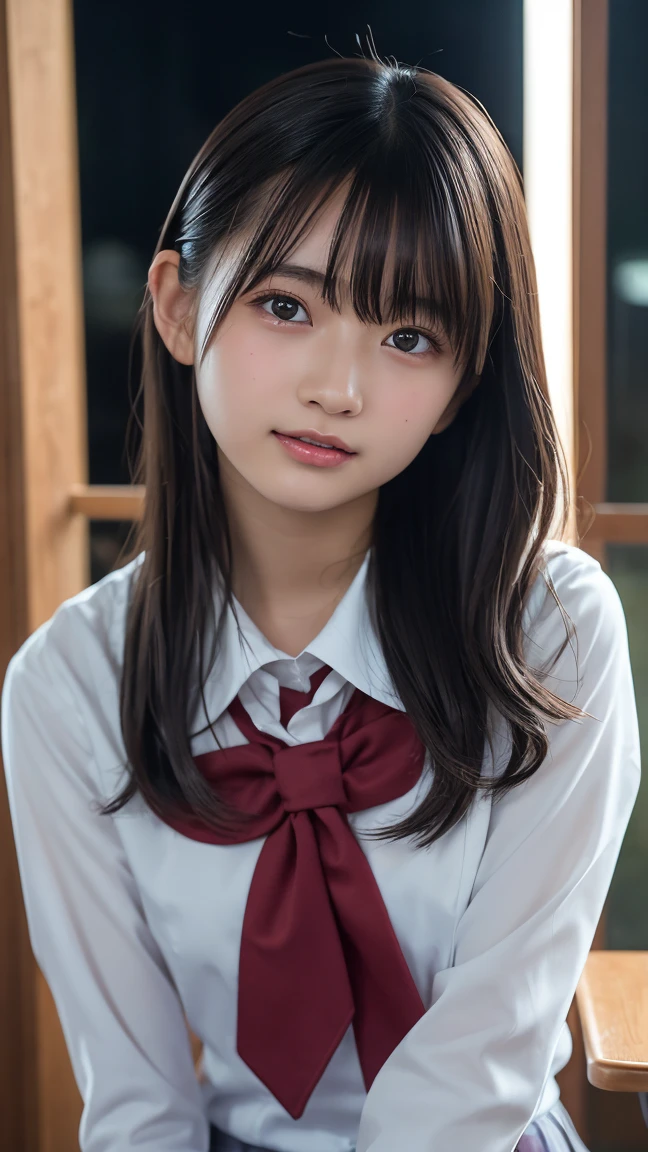 from below,8K、Detailed Description、Very high definition、Realistic、reality的、Real、live-action、reality、High resolution、full body shot,Nogizaka46、japanese idol,beautiful girl、21 years old、Angle of view that allows you to see the whole body、Red Basketball Uniform、Knee-up-top angle of view、Mouth closed、smile、School、Standing on the stairs、Long Hair、Very black hair、Hair blowing in the wind、pretty girl、Beauty、Glowing Skin、Glowing Skin、Shiny Hair、Very white skin、Headband、Heavy makeup、Large Breasts、Embarrassed、Shyly、Slit eyes、Big Eyes、Double eyelids、Don't show your teeth、Looking down here、Back view