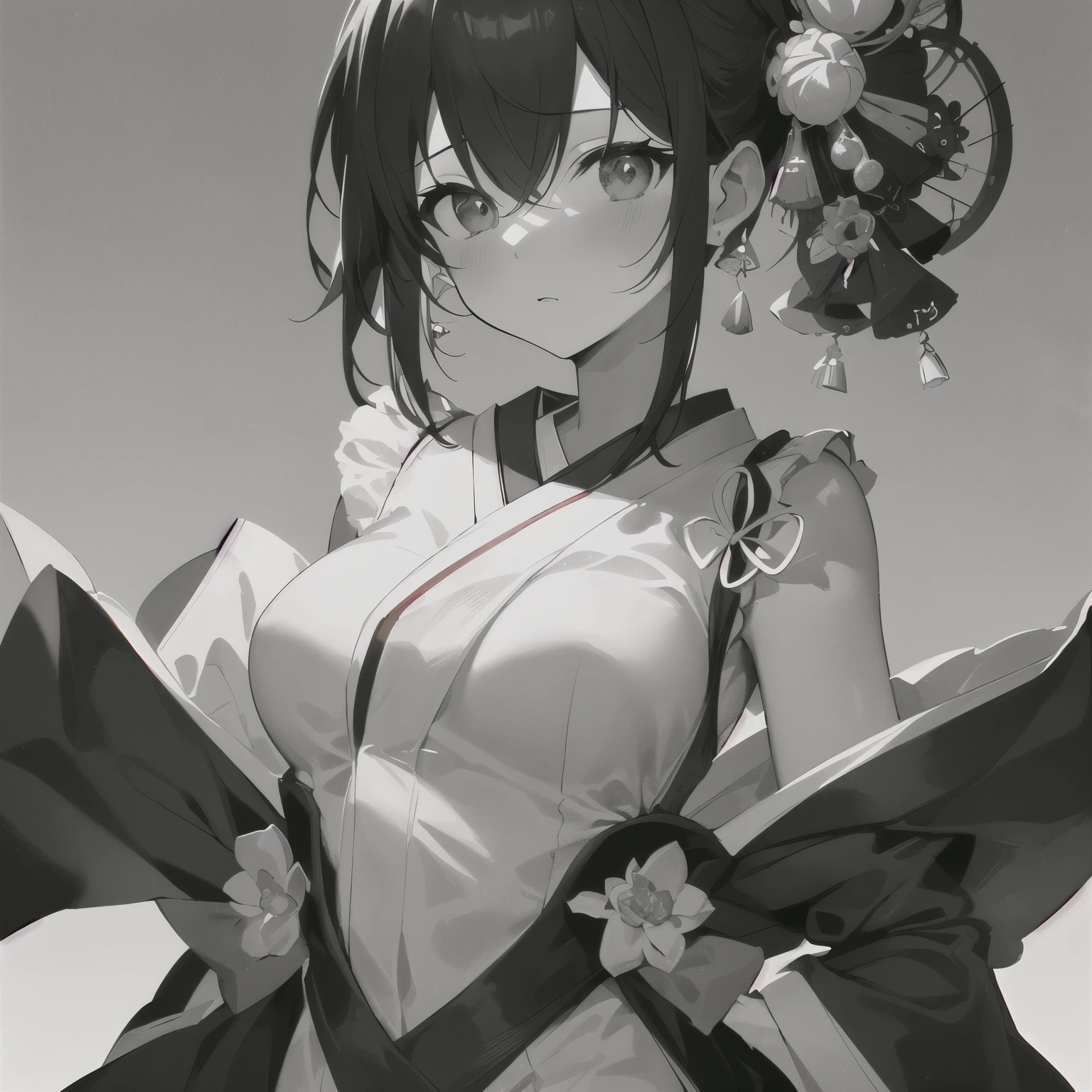 {{{{ masterpiece}}}}, {{{Super Detail}}}, {{{high definition}}}, {{ good }}, (((TOP QUALITY))), ((very delicate and beautiful)), {{ very detailed and delicate}}, {8k CG wallpaper}, {{ 's illustration }}, ( colored background grayscale:1.1), Black and white background, Bokeh, ( Color Difference:1.22), mature woman, (1 girl:1), Alone, , ( Japanese Clothes:1.2), , Urgent 1,