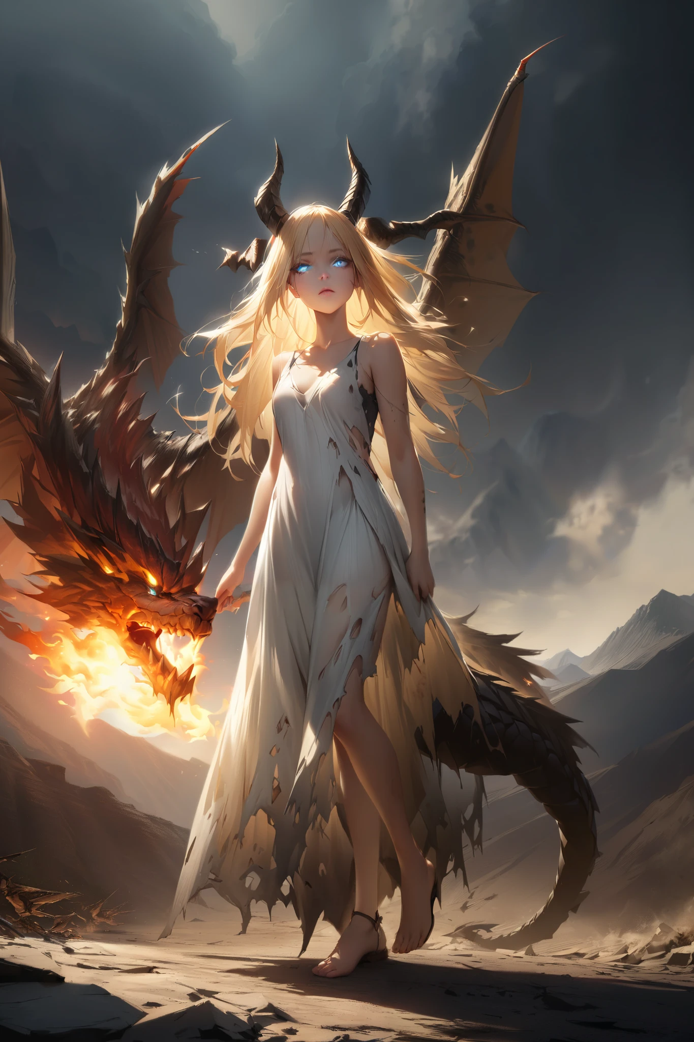 Desolate and steep mountainous area、Black four-legged dragon with big wings and five horns、has flames overflowing from its mouth and glowing white eyes。A young woman with blond hair and long ankle-length blue eyes wearing a dirty, torn white dress。TOP QUALITY。realistic texture、 realistic colors。