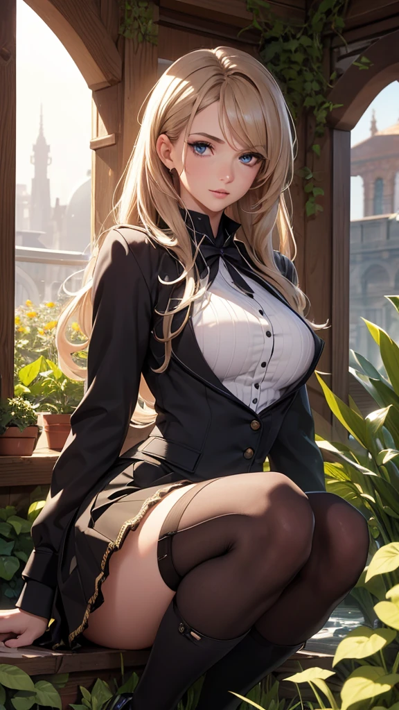 A 20-year-old female teacher in class,seductiv，seduce,Black silk lace stockings，Golden hair，largeeyes，k hd，16k，realistic detail，photography quality，best qualtiy，Her（（The is very large）），The buttons barely fit together，Completely expose the chest，Teacher's Uniform，Refined face，spread their legs，The reveal panties