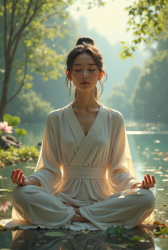 A girl sitting in meditation conveys a sense of:
- Inner peace
- Calmness
- Focus
- Mindfulness
- Serenity
-nature friendly
- dreditional dress
-