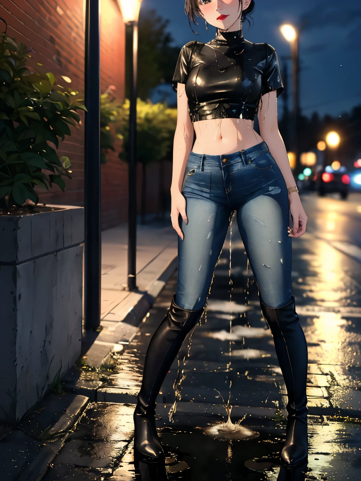 anime, highres, beautiful women, high detail, good lighting, lewd, hentai, (no nudity), (((jeans))), ((tight leather top)), (((leather thigh high boots))), bare midriff, ((wet crotch)), (((peeing herself))), (((wetting herself))), ((((peeing self))), (pee streaming down legs), peeing stain, (puddle), (thick thighs), nice long legs, lipstick, detailed face, pretty face, hair tied up, embarrassed blushing face, humiliated, ((on sidewalk at night)), hihelz