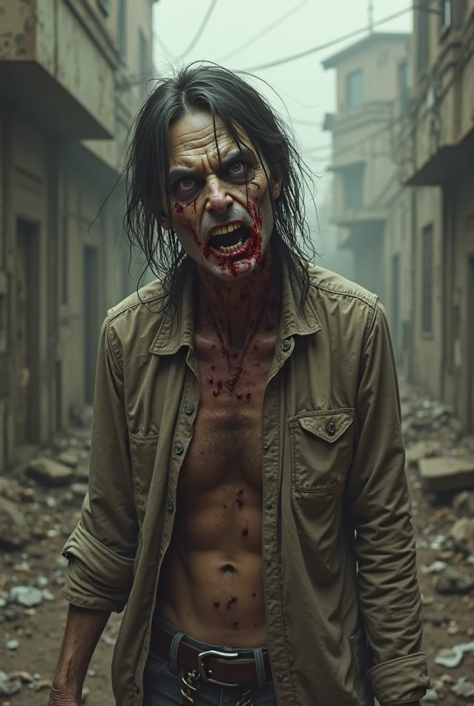 ((Close-up photo of walking deadth, handsome zombie dogs, hunting, blood)), slow walking, torn clothes, bloodshot eyes, creepy, cinematic background, smoke, desolation, cold, haunting the viewer. Photo taken with Canon EOS R5 85mm f/11 Camera, ((sharp)) mode of people and surrounding scenery. Image quality ((8K)), ((lifelike)), ((masterpiece)), ((sharp and highest contrast)), ((great depth of field)), ((light stereolithography)).