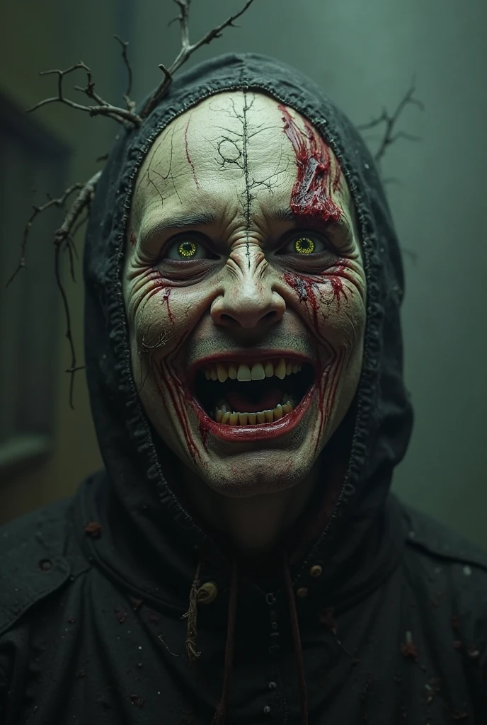 arafed looking creepy looking person with a hood on in a dark room, still from horror movie, vecna from stranger things, horrifying grin. horror, evil dead face, film still from a horror movie, screenshot from morbius (2022), still from animated horror movie, film still from horror movie, unsettling grin, in this ominous scene
