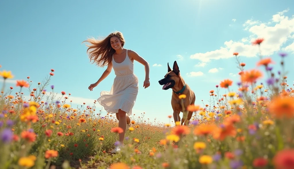"Représente une scène en pleine nature : une femme très belle, aux cheveux longs et flottants, courant joyeusement dans un champ vibrant de fleurs colorées, sous un ciel bleu clair. À ses côtés, un berger malinois agile et loyal court avec elle, ses muscles tendus dans un mouvement fluide. Les fleurs autour d'eux sont éclatantes, avec des touches de jaune, violet et rouge, tandis que le vent léger fait danser les pétales. L’atmosphère est sereine et pleine de vie, créant un moment de complicité entre la femme et son chien."