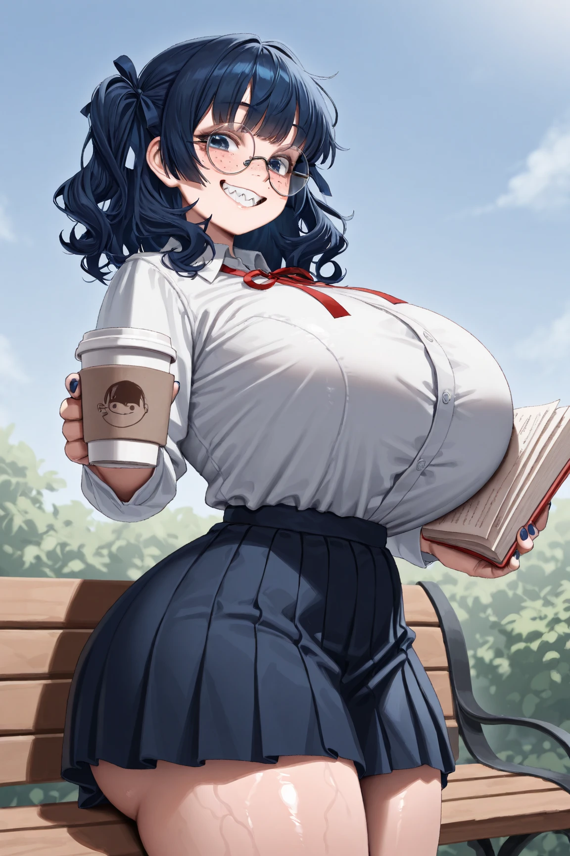 HD、high quality、masterpiece、anatomically correct、 accurate human body、perfect face、detailed eyes、5 Fingers,
Daytime、Clear skies、Outdoors、garden、
 female 1、huge breasts、saggy breasts,Heavy chest,huge ass、wide hip、Shiny Skin、oily skin、 dark blue hair、Round Glasses、 freckles、wavy hair、medium hair
yellow ribbon、dark blue nails、
 hardcover book 、Jagged teeth、smile、 bench、coffee in a paper cup holding coffee and a book、Holding coffee and a book、 Look Down、
school uniform,shirt、skirt、
boob tent