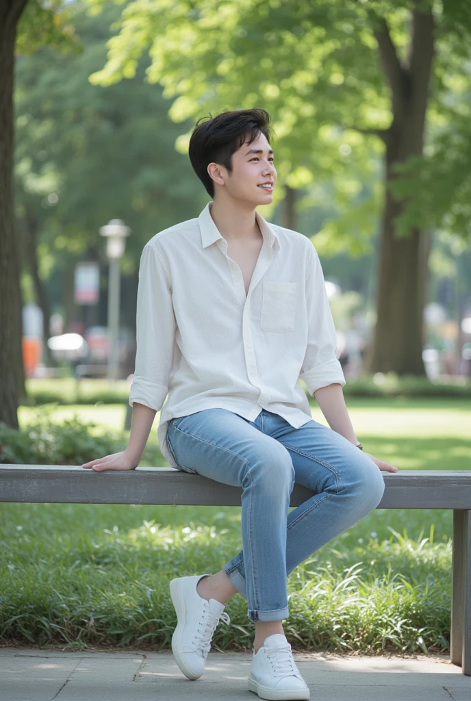 very hairy legs, wearing converse, high resolution, A man in his late 20s sitting with his legs crossed., Japanese, asia, wearing beige shorts, wearing a t-shirt, long muscular legs, glasses