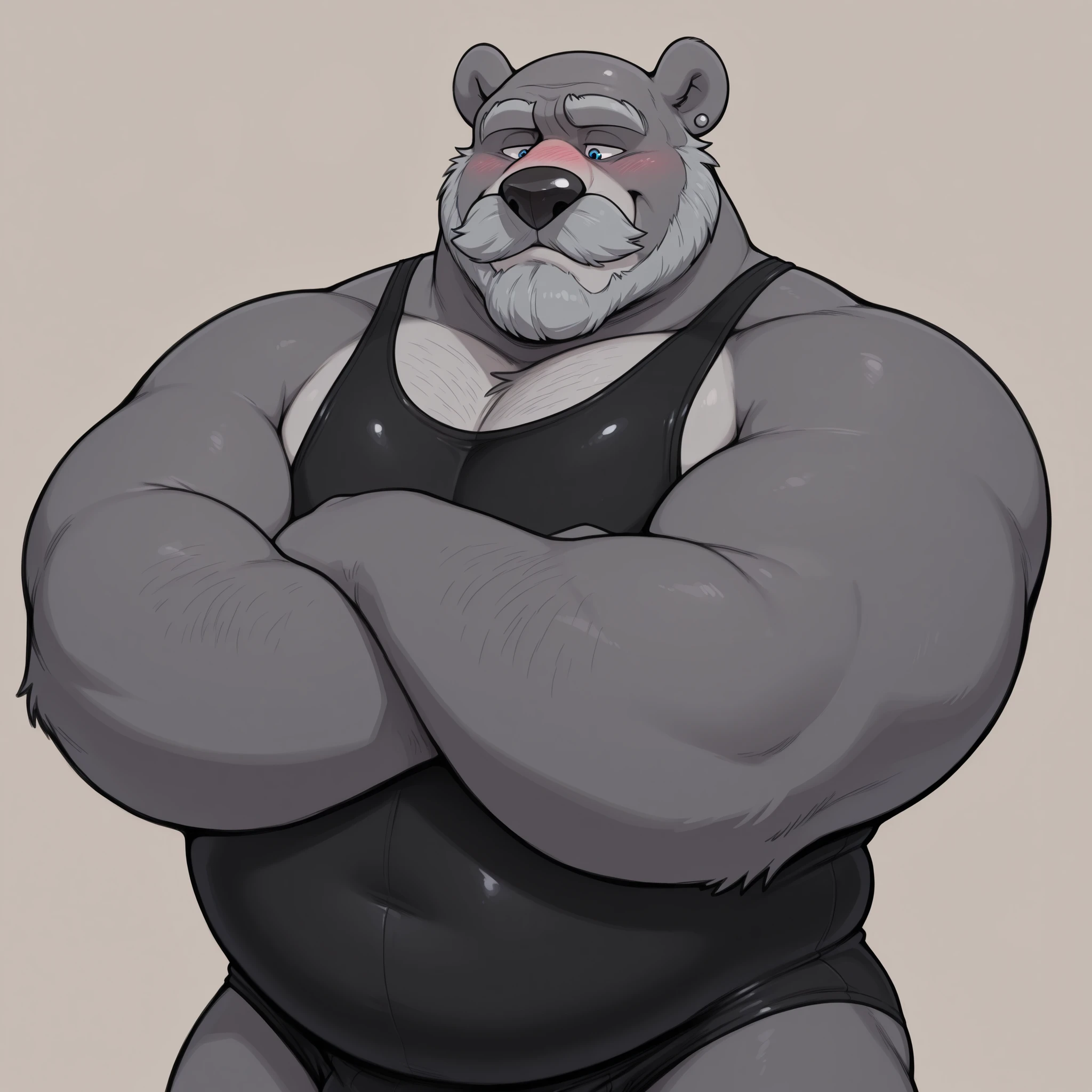 masterpiece, best quality, amazing quality, anthro bear, grey fur, bald, blue eyes, 1boy, solo, chubby, huge arms, musclegut, dilf, gentle, focused, blushing, kind, wide body, wide ribs, grey fur, bushy grey mustache, grey beard, thick arms, tall, portrait, black one-piece gymwear, large snout, large nose, black nose, glossy fur, grey ear piercing, simple background