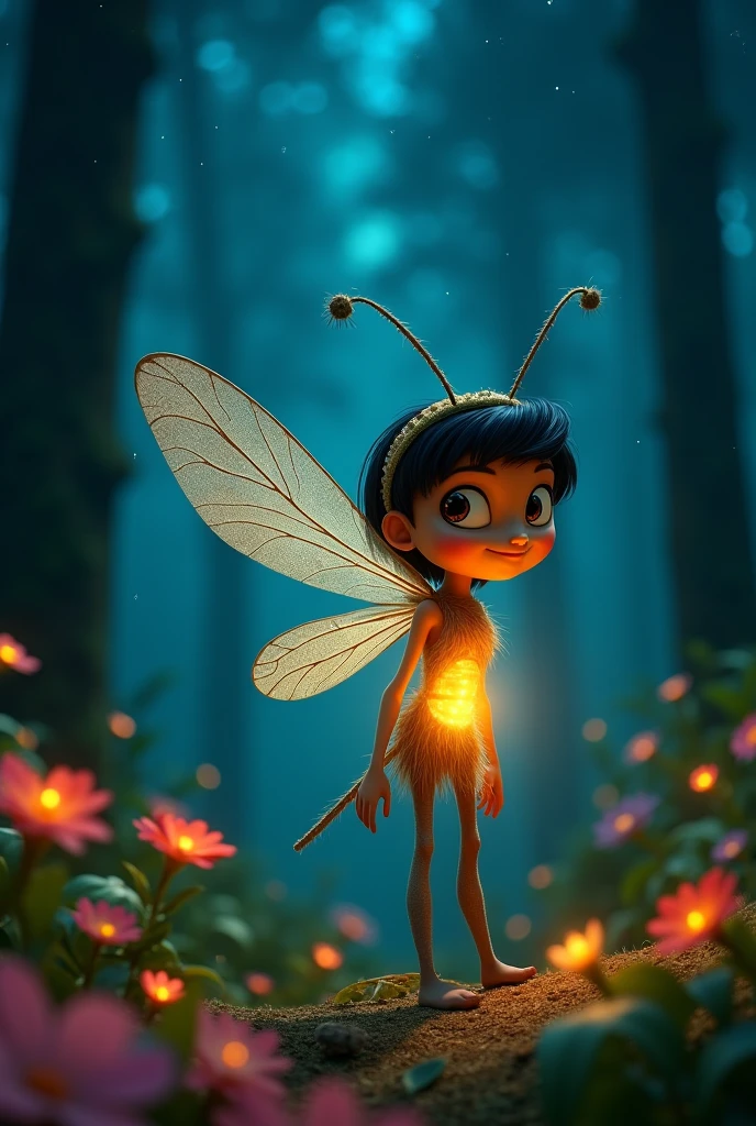 Boy, tall and slim, eyes black, big teats, chestnut hair, curly and short, brunette skin. mosquito wing.
He is smiling and holding a glowing orb. Galaxies in the background. And mosquitoes flying. Wears a purple and blue leather jumpsuit. Better image quality. Make it video game style