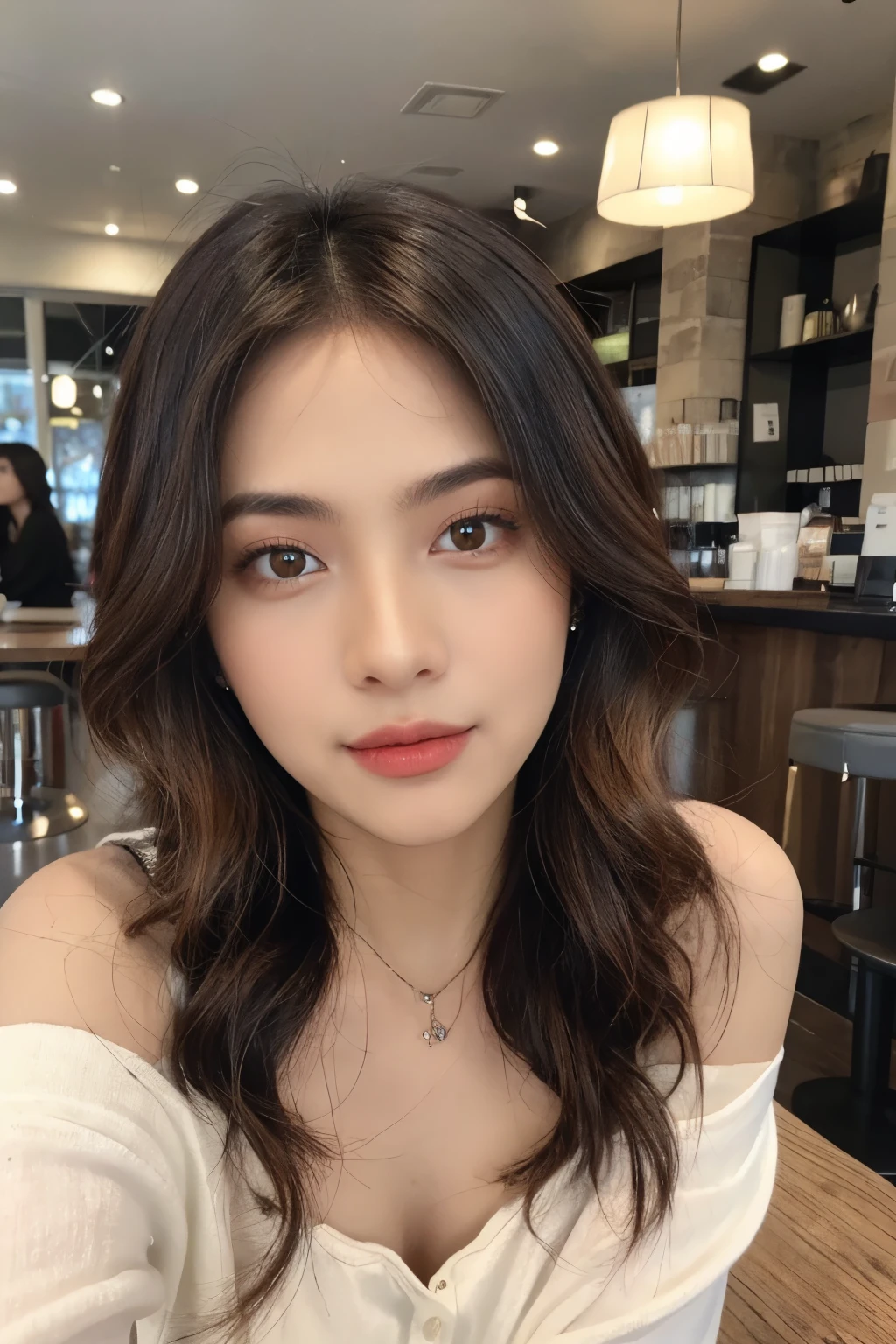 ((Masterpiece, high quality, super detailed, 4k, RAW Photo)), 1 girl, blunt bob hair, ((brown ombre hair)), Perfect face, thin face, ((lying silkworm eyes)), shinny skin, long sleeve t-shirt, off shoulder, in modern cafe, look at the camera, slim body, perfect eyes, big nose, wearing necklace with pendant, earings