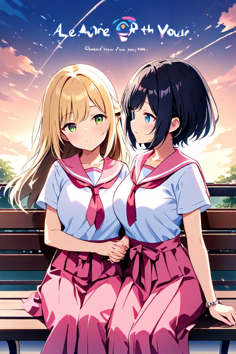 Two girls( character for V21(long hair、blond hair、Big Breasts、 green eyes、Fleeting、a pair of ribbons on the left and right sides of the hair、 sleep 、Lean on your shoulders 、peace of mind、peace))、( character for V22(short hair、 black hair、 small tits、 blue eyes、Rin々Shii、Love ))、Under the sunset sky、 hold hands、 pale pink sailor suit wearing a hakama、 holding hands, etc. 、sleeping face、 bench
