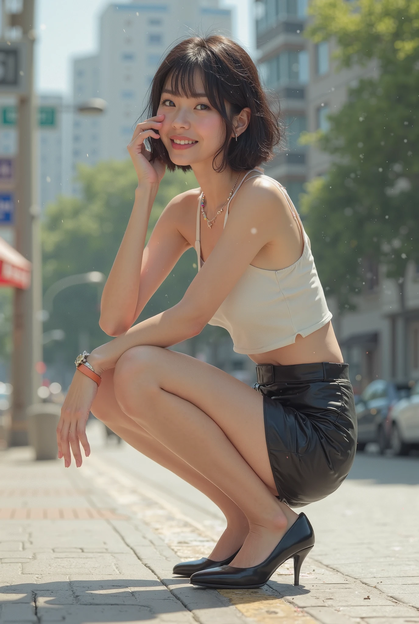 best image quality、RAW photo、超A high resolution、21 year old female、Shooting for one person only、model shoot、springの装い、fashionable clothes、Beautiful eyes in every detail、very long term、beautiful eyelashes、beautiful double eyelids、very thin legs、light brown short hair、very thin physique,street、spring、clear sky、one woman、squat,smile