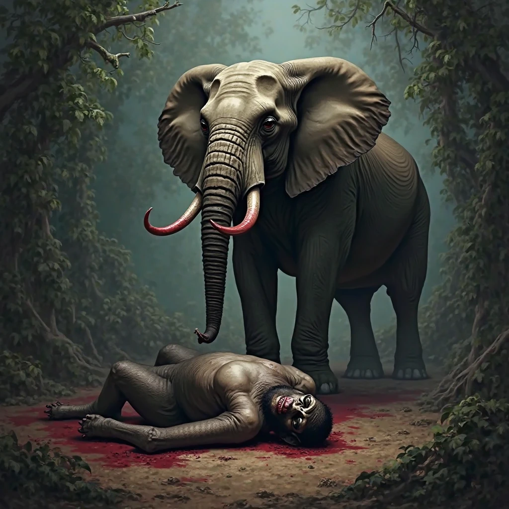 One day a buffalo has dried up and lost its senses, there is no one there except a five-year-old boy whose eyes are bandaged, or near him are the skeletons of dead animals. The child lost forest