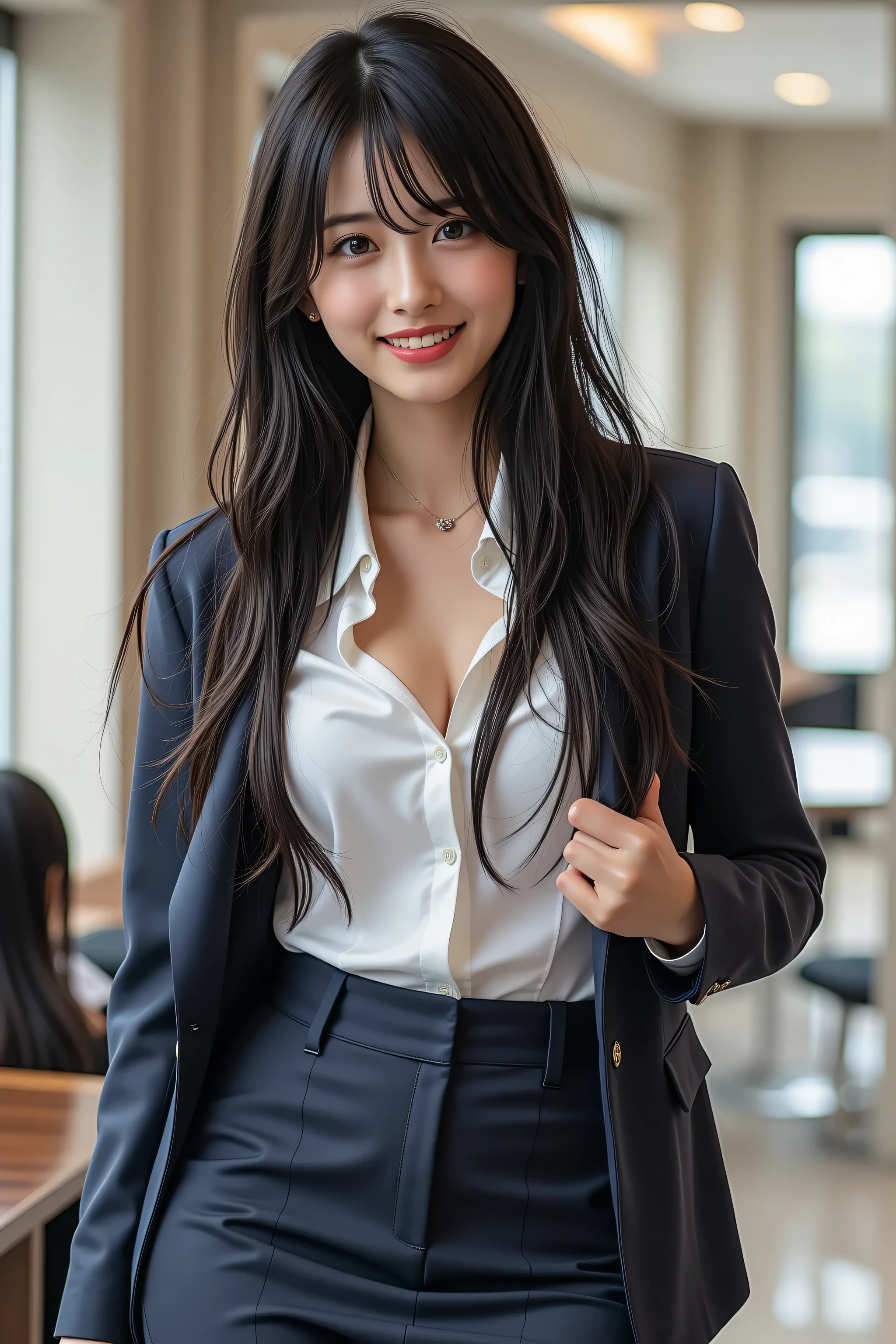 A realistic style situation drawn indoors. A beautiful woman with long black hair appears, wearing a formal suit. She wears a white shirt and a tight pencil skirt, with her jacket slightly open, emphasizing her chest (down blouse). Her large breasts are a feature, and her figure with a tie is impressive. She looks towards the viewer with a smile, leaning forward with a grinning expression showing her teeth. The woman is drawn in solo focus overall, with a realistic texture and attention to detail.