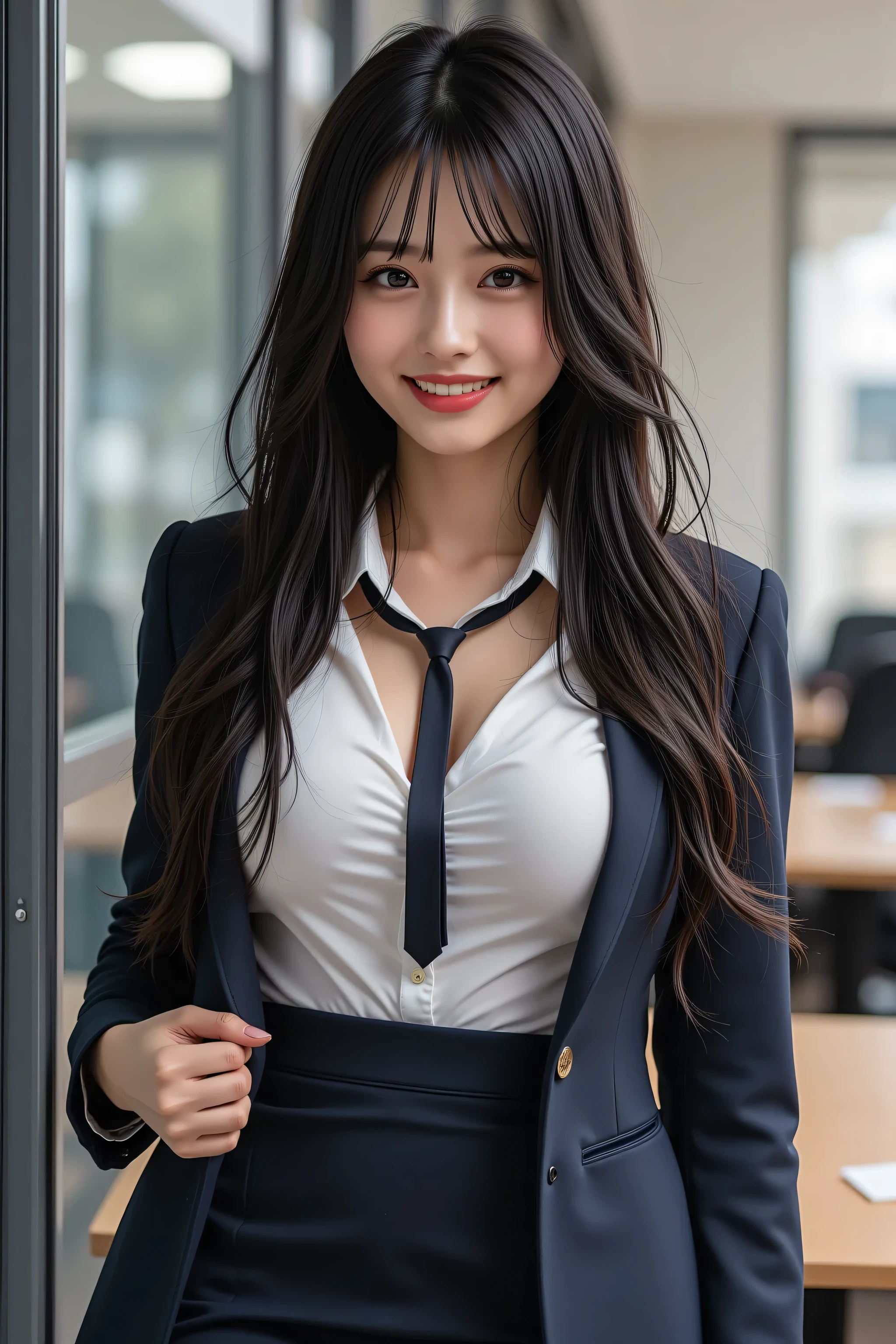 A realistic style situation drawn indoors. A beautiful woman with long black hair appears, wearing a formal suit. She wears a white shirt and a tight pencil skirt, with her jacket slightly open, emphasizing her chest (down blouse). Her large breasts are a feature, and her figure with a tie is impressive. She looks towards the viewer with a smile, leaning forward with a grinning expression showing her teeth. The woman is drawn in solo focus overall, with a realistic texture and attention to detail.