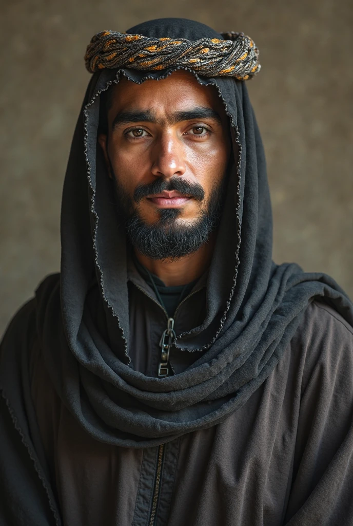 an islamic man with sunnah attire, crying with black background
