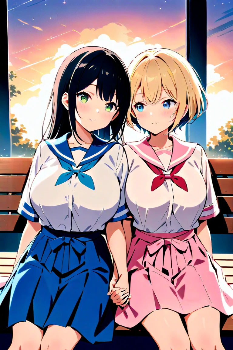 Two girls( character for V21(long hair、blond hair、Big Breasts、 green eyes、Fleeting、a pair of ribbons on the left and right sides of the hair、 sleep 、Lean on your shoulders 、peace of mind、peace))、( character for V22(short hair、 black hair、 small tits、 blue eyes、Rin々Shii、Love ))、Under the sunset sky、 hold hands、 pale pink sailor suit wearing a hakama、 holding hands, etc. 、sleeping face、 bench