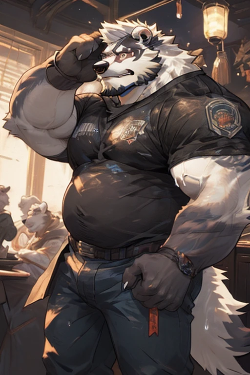 Solo, male, sitting at tavern, bulge, by bigcozyorca, by goonie-san, by bebebebebe, by spikedmauler, front view, big buff , bear,  ebony black fur, black fur, bushy tail, buff, wearing brown fantasy leather armor, tall, masculine,  bulge, sexy, sexy expression, ale in hand