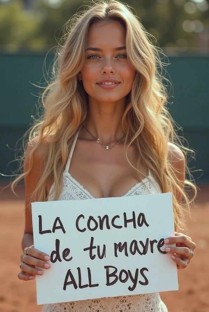 A brunette girl with curly hair and big breasts sits with her legs stretched out, taking a realistic photo with a board that says: hola lean