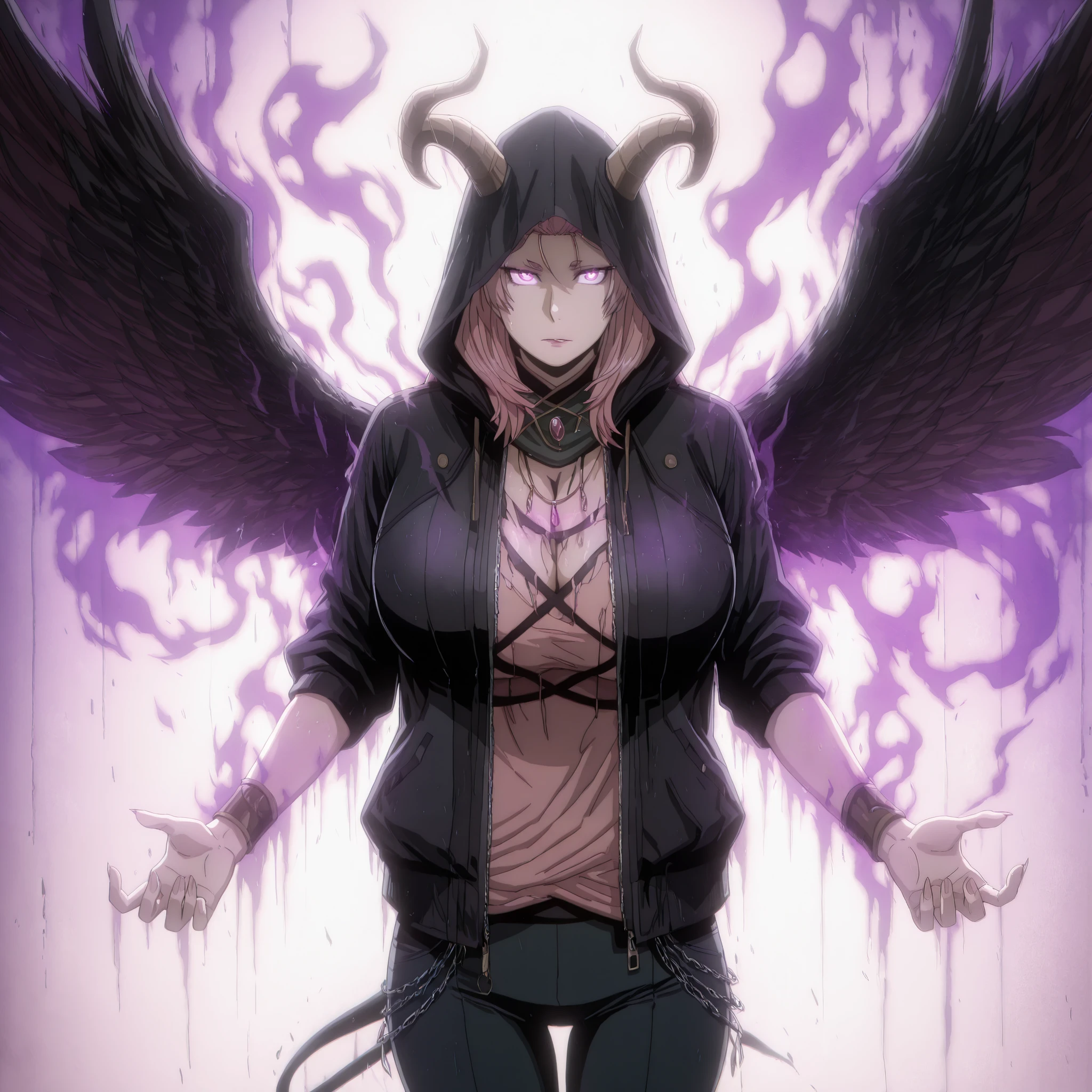 (Luxu-style:1.4), (Gogalking-style:1.2), Masterpiece, high quality, absurdres, best quality, very aesthetic, newest, dramatic light, chiaroscuro technically, contrasting color, dynamic composition, anatomical correct, HD, 4K, digital art, trending on DeviantArt, perfect body, perfect eyes, makeup, detailed eyes, perfect fingers, gasping, heavy breathing, excessive sweating, sweating, sweating profusely, gasping profusely, cinematic, ((skindentation)), ((voluptuous)), Mmananakiri, mature female, long hair, half updo hair, ((dark-pink hair)), purple eyes, short eyebrows, big breasts, bright pupils, hood, horns, hood_up, 1girl, claws, jacket, solo, open_jacket, chain, open_clothes, cowboy_shot, standing, fingernails, hooded_jacket, monster, zipper, tattoo, sharp_fingernails, graffiti, pants, jewelry, gradient, glowing, hoodie, necklace, looking_at_viewer, eldritch_abomination, demon, torn_clothes, facing_viewer, gradient_background, wings, ((dark aura, black aura)), glowing eyes