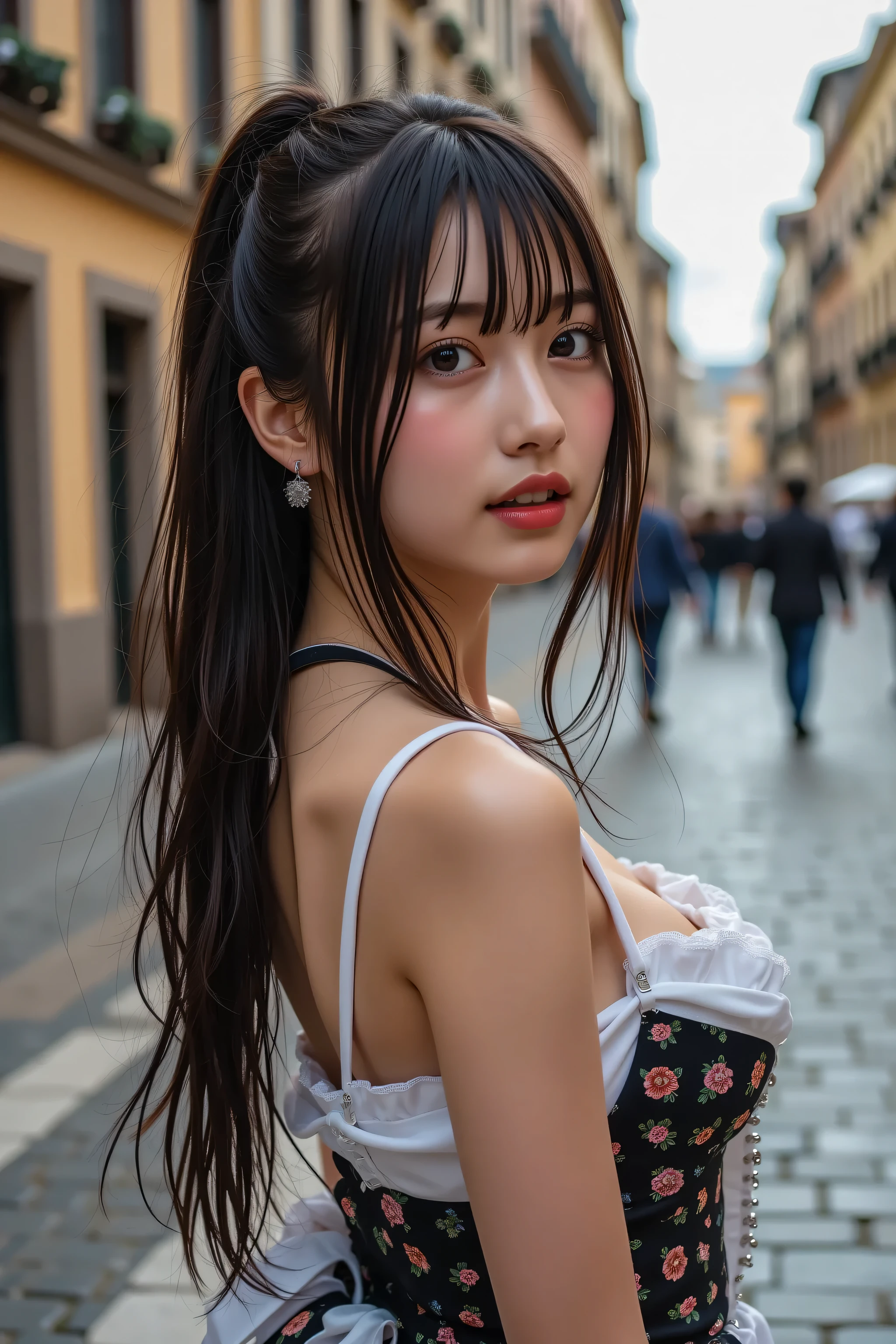 (   ride or walk while emphasizing the subject   , 18 years old,  Shiny Brown Ponytail ,   open your mouth , Laughter:1.1),(As european   Rococo cultural festival unfolded,  Beautiful Scenery of Ancient Cities  ,   cobblestone streets and ancient architecture   ,   As if they had transcended time and space  :1.2) ,( detailed background, wide shot , Full Body Back View , Lying on the stairs ,leg high,  dynamic pose ),( detailed beautiful face ,   Cute eyes with attention to detail,  cute lips with attention to detail,  Extremely Sensual Maid Clothes  ,  Rococo,  Victoria's Secret  ),Enhanced Everything,Snow Crystal,snow