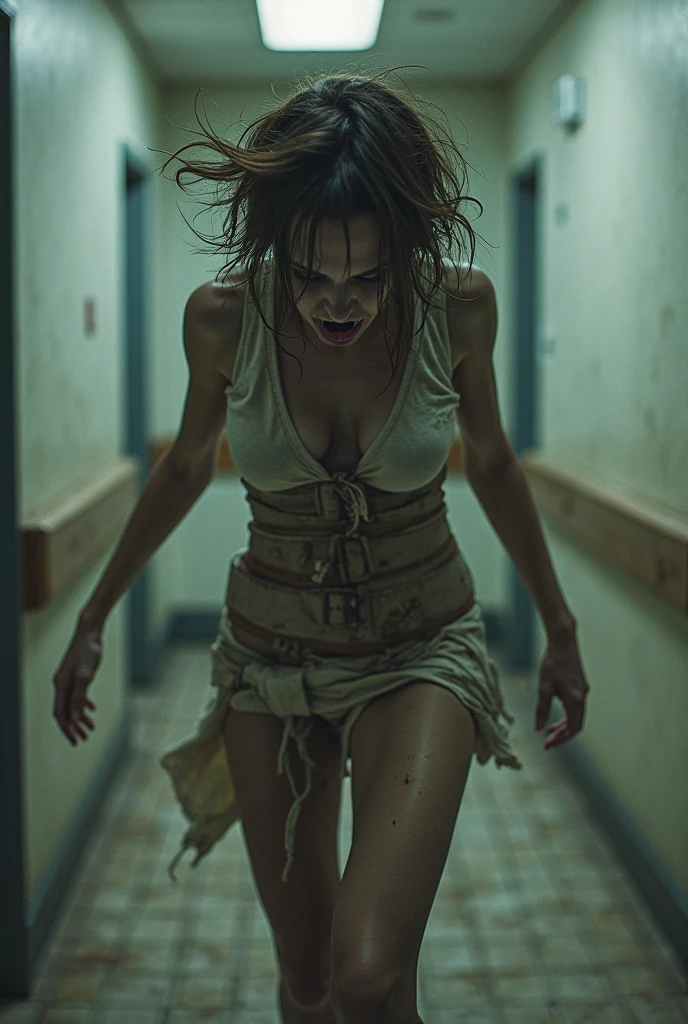 scared and crying pretty woman 35 years old, dirty slim body, standing and tied with a rope in the interior of a dirty and dingy dark basement, wet floor, ruffled dirty wet hair, wearing a  torn and dirty short dress, rags, bare legs, barefoot, leaning against the wall, mysterious chiaroscuro, perspective of the basement interior in the background, realistic photo, masterpiece,photorealistic
