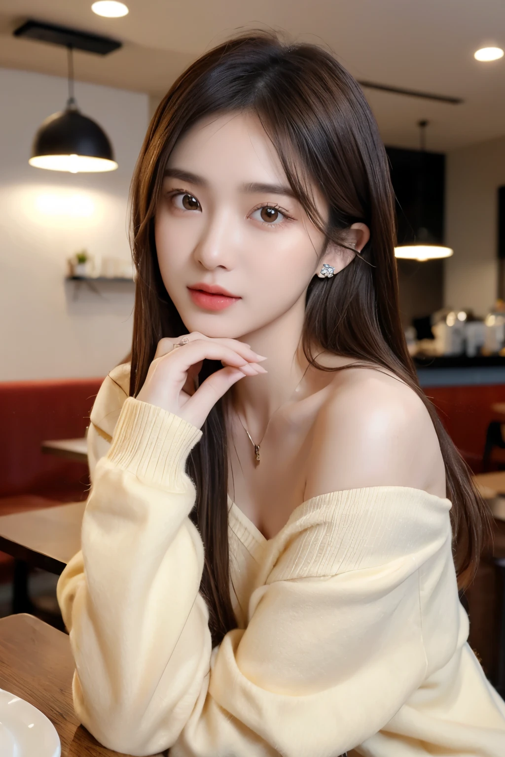 ((Masterpiece, high quality, super detailed, 4k, RAW Photo)), 1 girl, blunt bob hair, ((brown ombre hair)), Perfect face, thin face, ((lying silkworm eyes)), shinny skin, long sleeve t-shirt, off shoulder, in modern cafe, look at the camera, slim body, perfect eyes, big nose, wearing necklace with pendant, earings