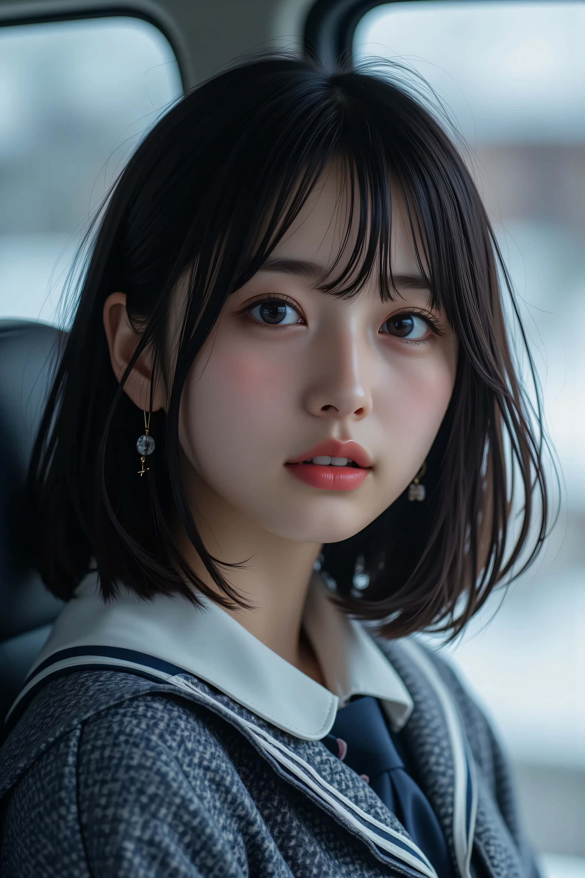 (( In a coal mine without makeup 、 close your mouth:1.2))、( realistic 、 Photo realistic 、 very detailed、 realistic skin type 、 in、 the thinnest skin 、 top quality made of straw、 Penis Masterpiece 、 Ultra High Precision )、 very short hair 、、 High Girl With Armpits Visible 、 YOUNG GIRL、 1 girl、 bang 、 double eyelids、Drooling eyes、 improve white space outfits The Face of Japan 、purity、 double teeth、 realistic skin type、Thick muffler、 gray scarf 、 fluffy hair that pulls the body together、(( is on the inside 、The hair is muffler :1.3))、 赤い頬 、 the wind is blowing 、that' It's snowing 、 knight 、illumination、 in、The light is shining from behind ,(( cowboy shot))、(( black short hair))