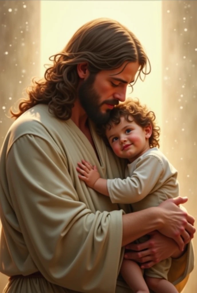 "Create an image of Jesus Christ wearing a crown of thorns, embracing a child with tenderness and compassion. Jesus should be dressed in a traditional robe and cloak, and the child should appear warm and safe in his arms. The background should be soft and tranquil, reflecting an environment of peace and love, with soft lighting that highlights the emotional connection between them."